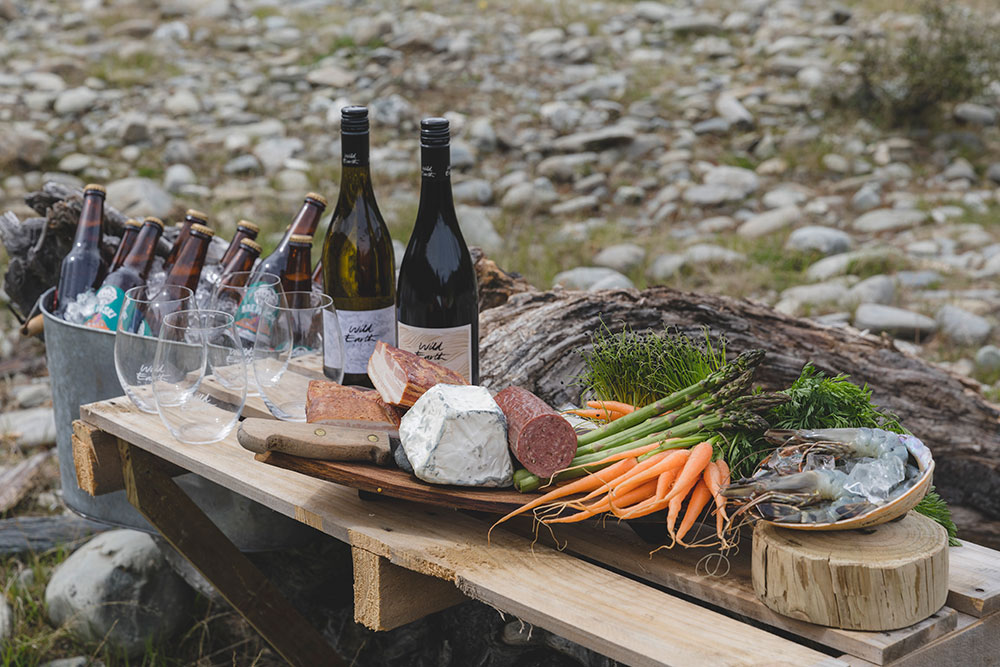 Gather and Gold tipi events - food platters and wine set up for the Jeep Wrangler launch event in Otago, New Zealand.