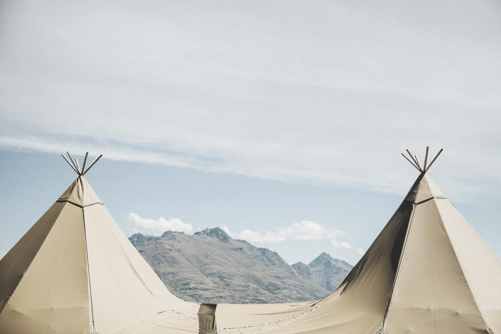 Gather and Gold event tipi hire - view of mountains behind in Queenstown NZ