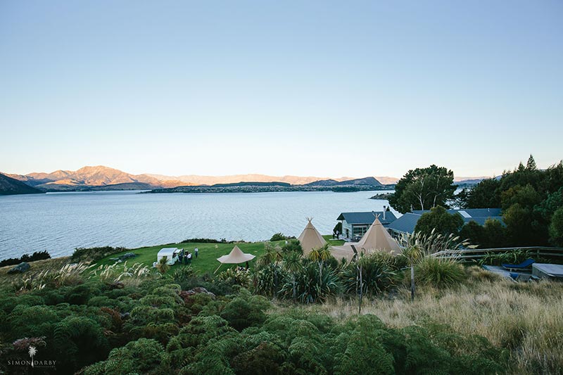 Tipi wedding set up on the lake side of Queenstown - by Gather and Gold