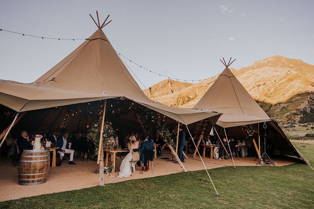 Multiple tipi set up for a wedding in the mountains of the South Island in New Zealand. Tipi hire from Gather and Gold